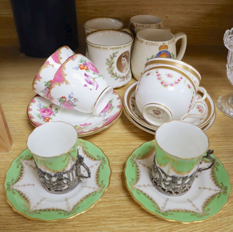 A pair of Coalport silver mounted coffee cans and saucers, together with other mixed ceramics and glass